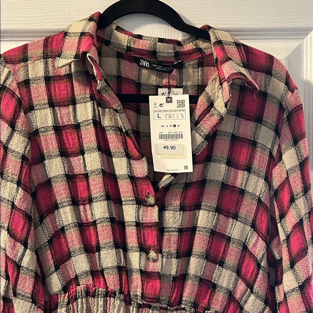Zara Pink and Cream Plaid Smocked-Waist Shirt Dress - Picture 5 of 5